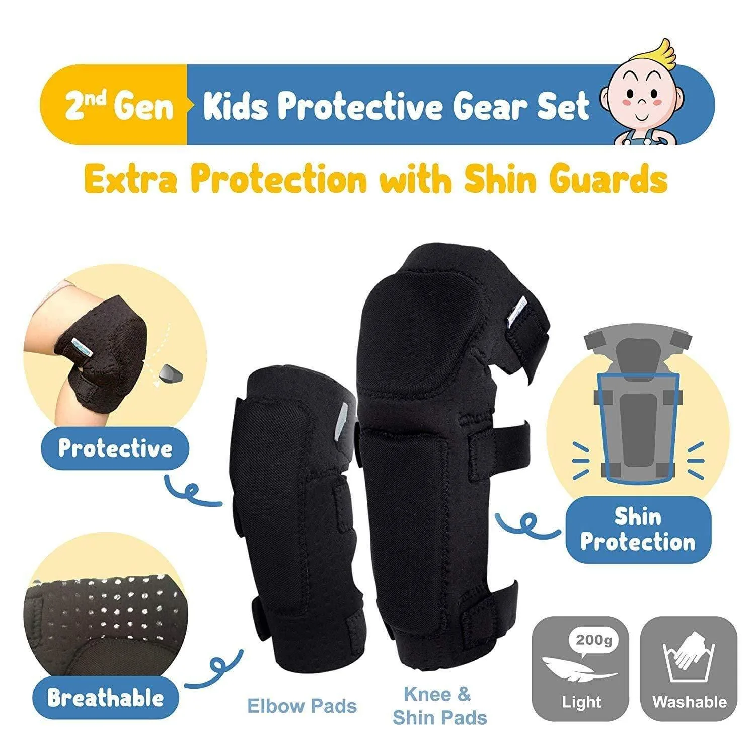 [2nd Gen.] Innovative Soft Kids Elbow and Knee Pads with Bike Gloves (Black) - Image 3