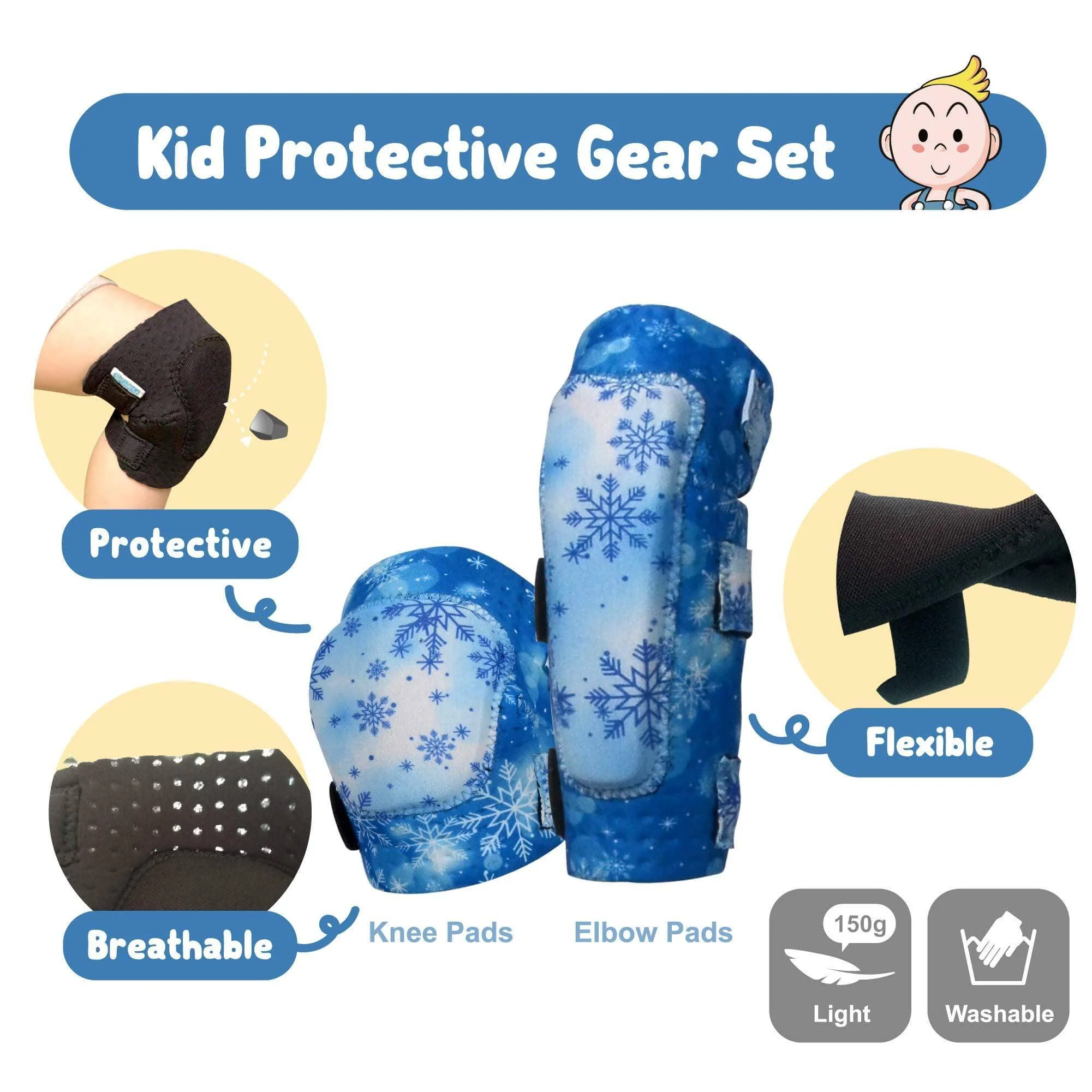 [1st Gen.] Innovative Soft Kids Elbow and Knee Pads with Bike Gloves (Blue Snowflake) - Image 4