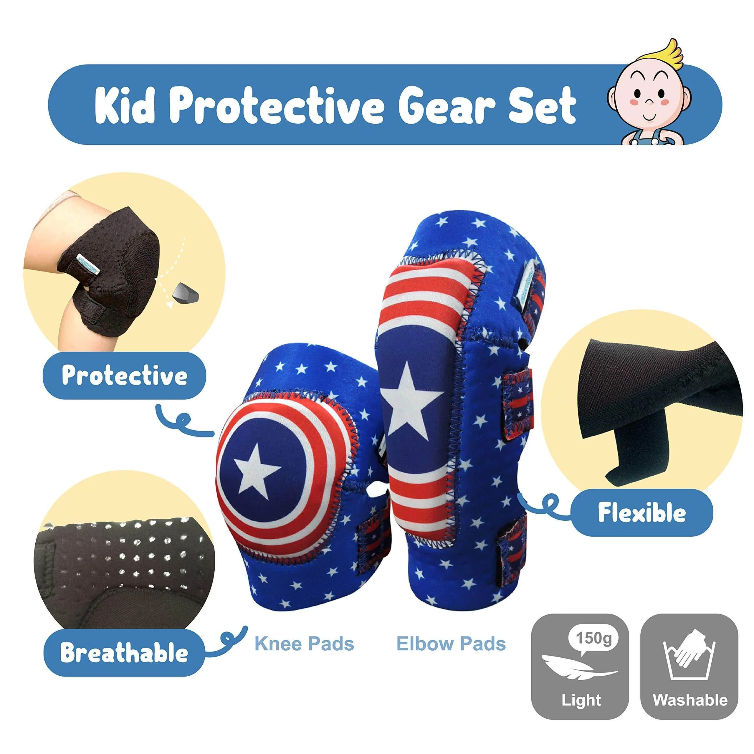 [1st Gen.] Innovative Soft Kids Elbow and Knee Pads with Bike Gloves (Captain USA) - Image 3