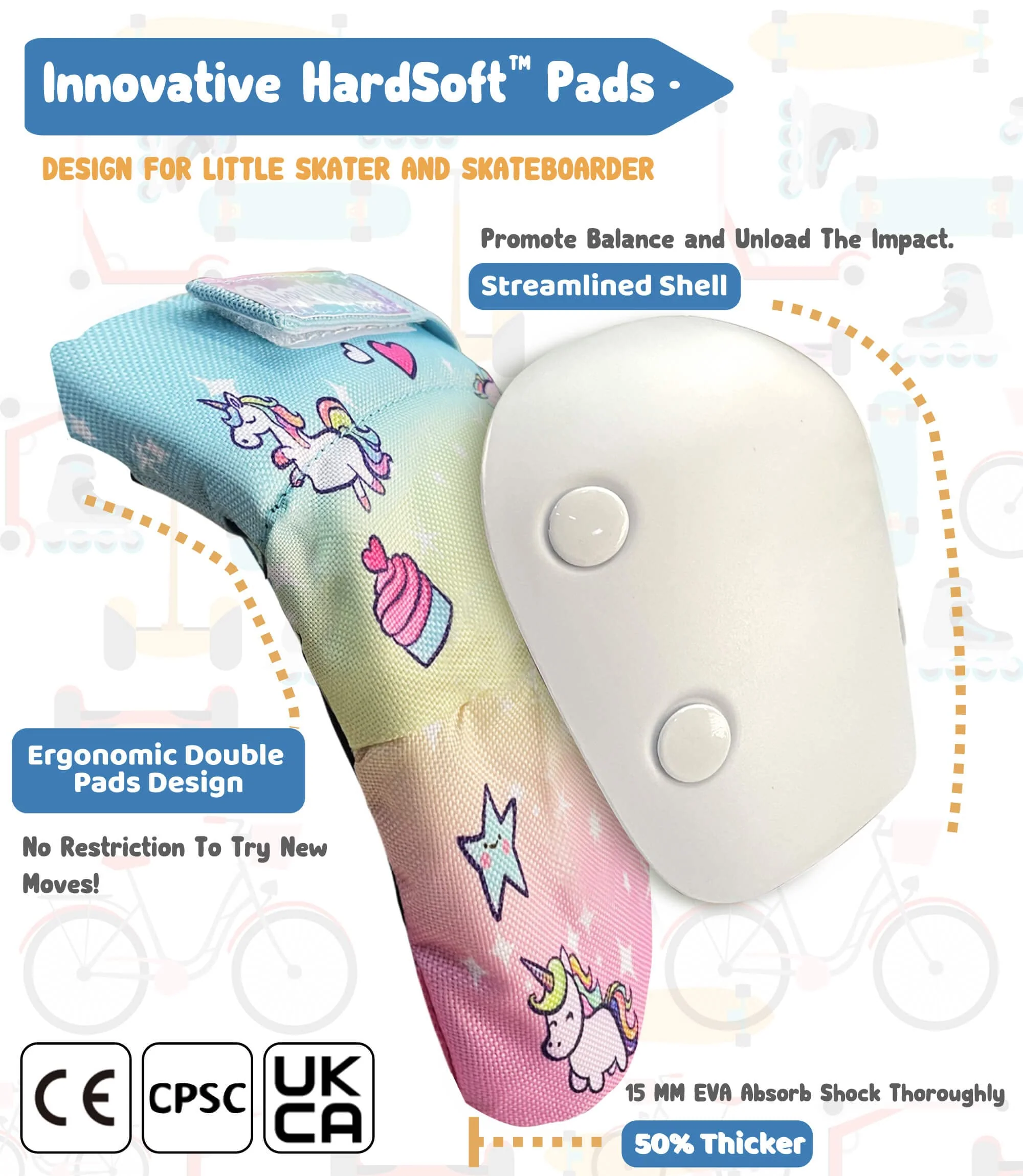 [2021 New Model] Simply Kids HardSoft Knee and Elbow Pads with Wrist Guards (Unicorn) - Image 3