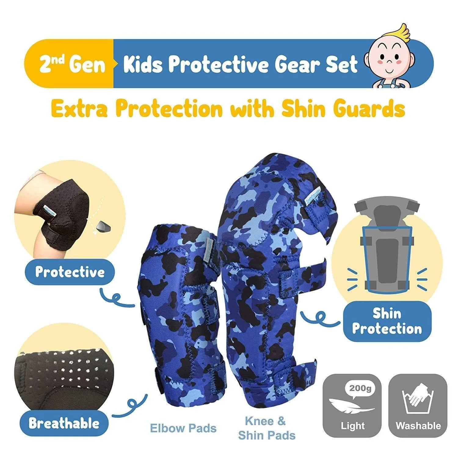 [2nd Gen.] Innovative Soft Kids Elbow and Knee Pads with Bike Gloves (Ocean Camouflage) - Image 3