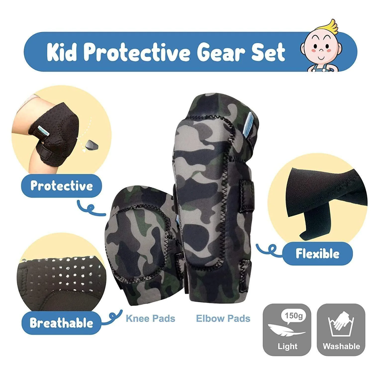 [1st Gen.] Innovative Soft Kids Elbow and Knee Pads with Bike Gloves (Olive Camouflage) - Image 3