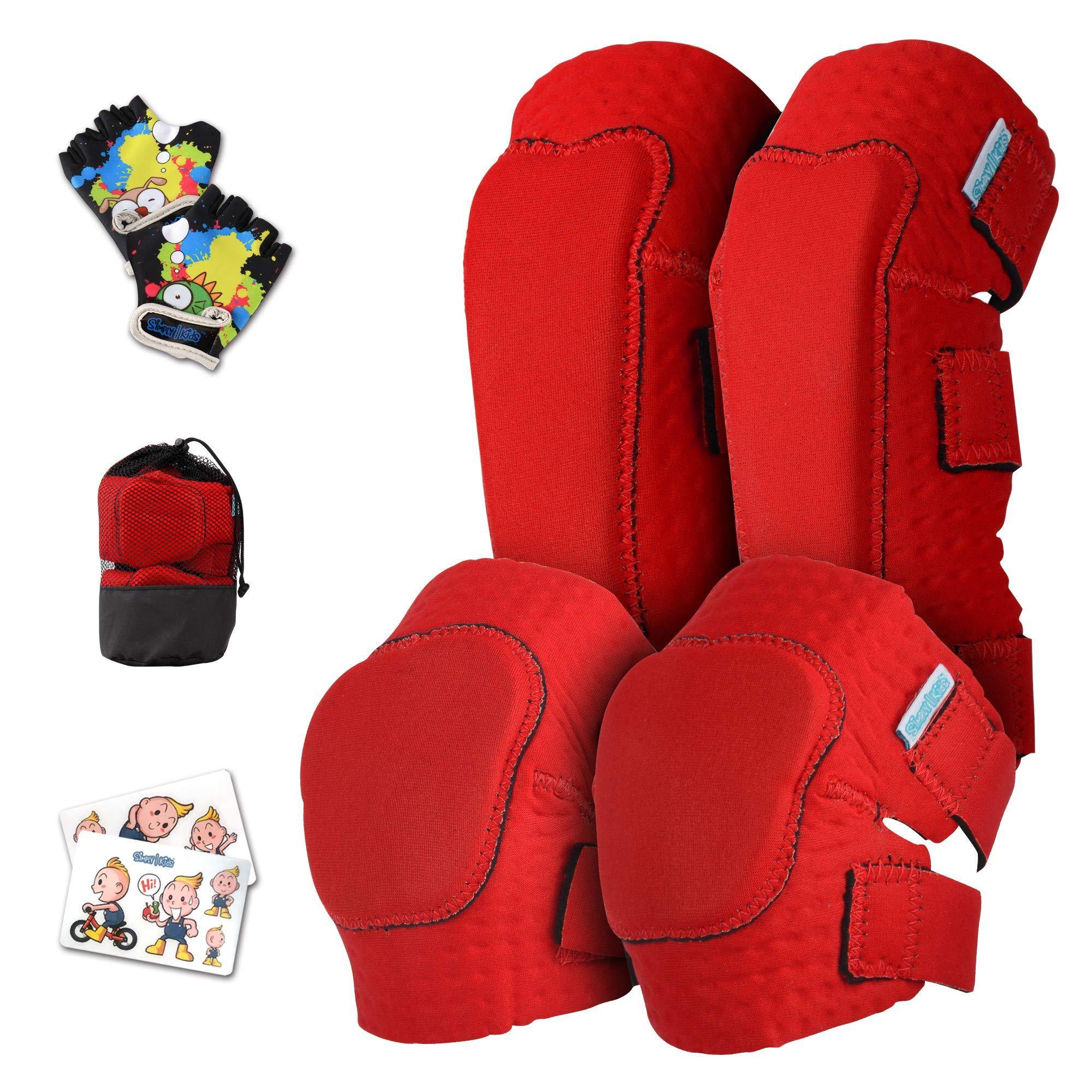 [1st Gen.] Innovative Soft Kids Elbow and Knee Pads with Bike Gloves (Pure Red)
