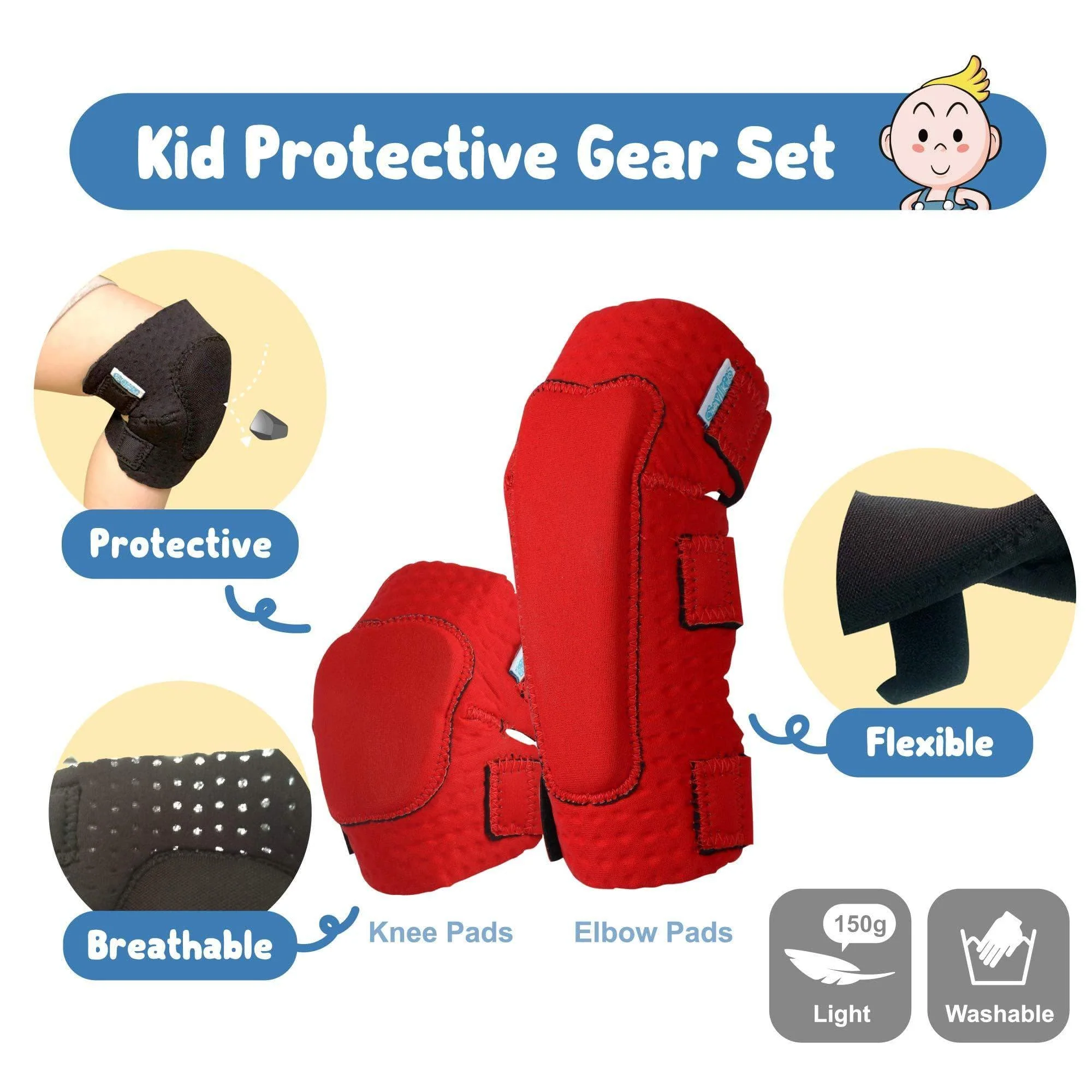 [1st Gen.] Innovative Soft Kids Elbow and Knee Pads with Bike Gloves (Pure Red) - Image 2