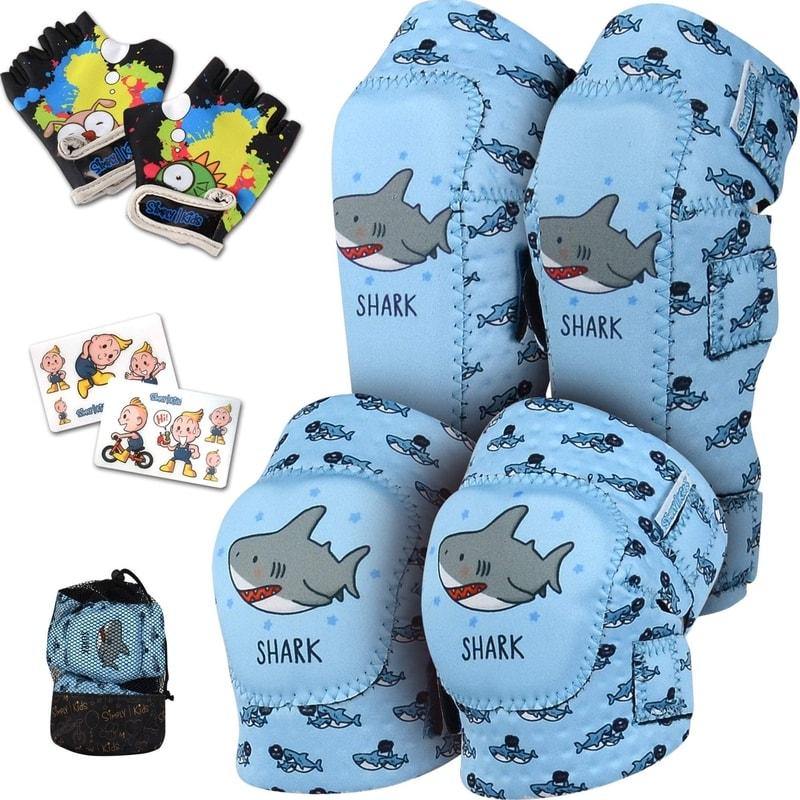 [1st Gen.] Innovative Soft Kids Elbow and Knee Pads with Bike Gloves (Shark)