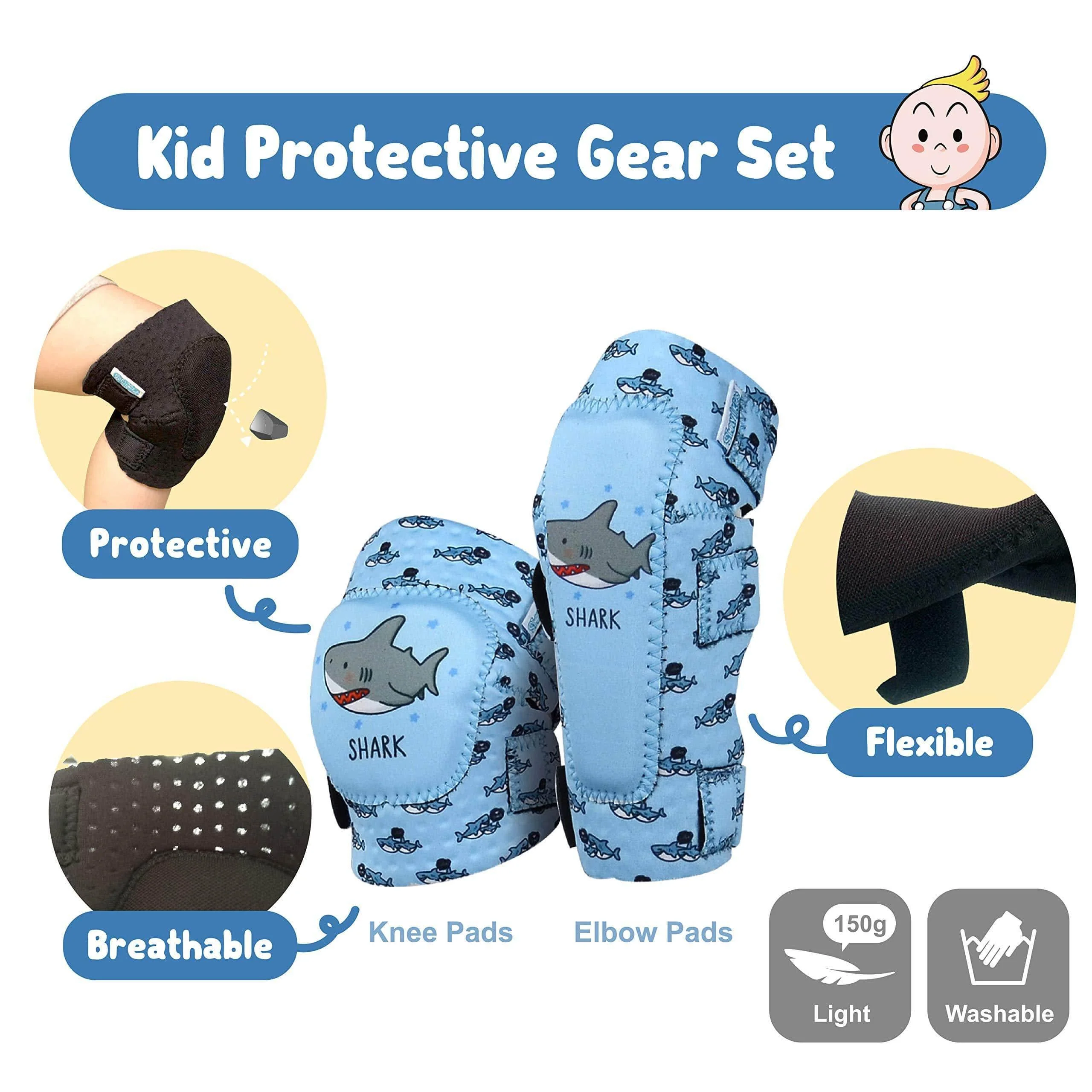 [1st Gen.] Innovative Soft Kids Elbow and Knee Pads with Bike Gloves (Shark) - Image 2