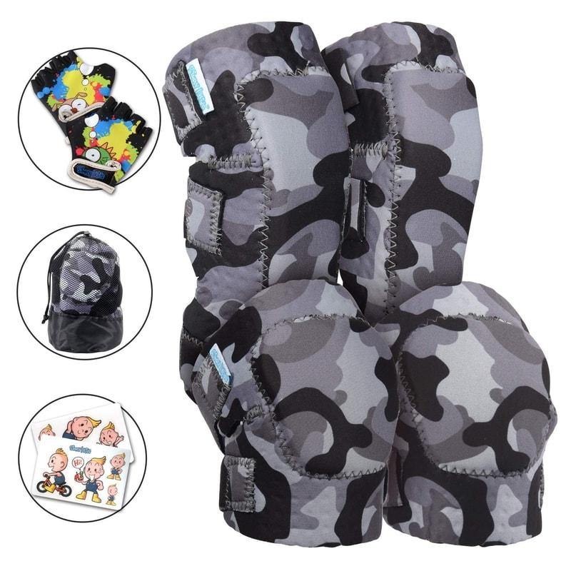 [1st Gen.] Innovative Soft Kids Elbow and Knee Pads with Bike Gloves (Snow Camouflage)