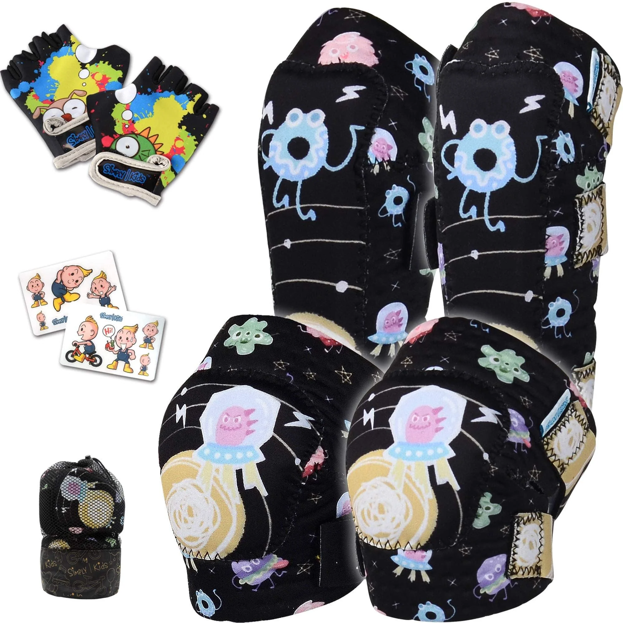 [1st Gen.] Innovative Soft Kids Elbow and Knee Pads with Bike Gloves (Space Monster)